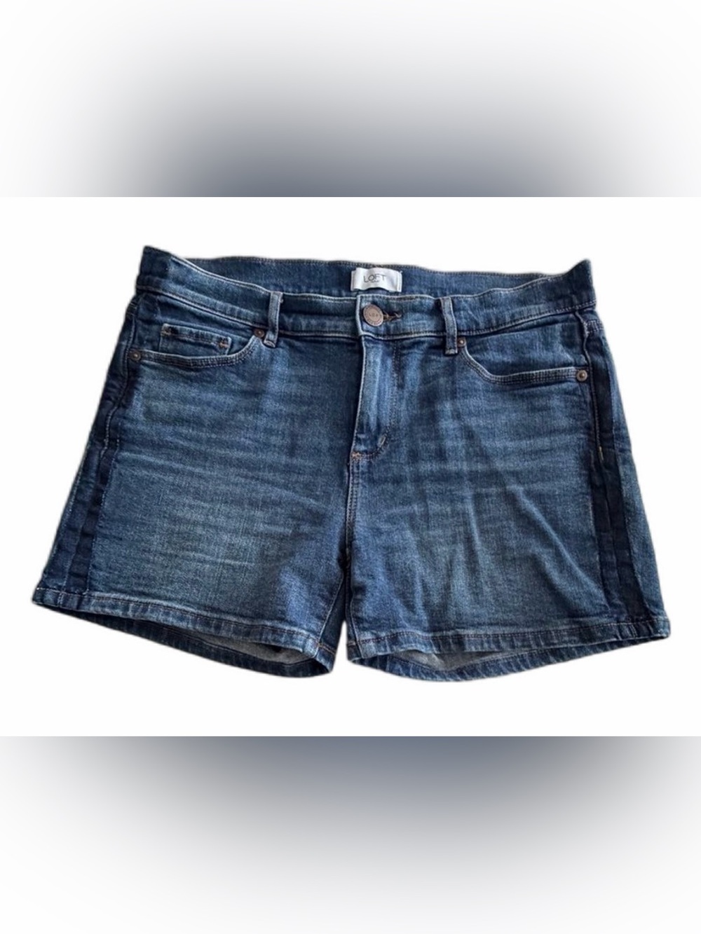 LOFT OUTLET Classic High-Rise Dark Blue Denim with Stripe Shorts - Picture 2 of 9